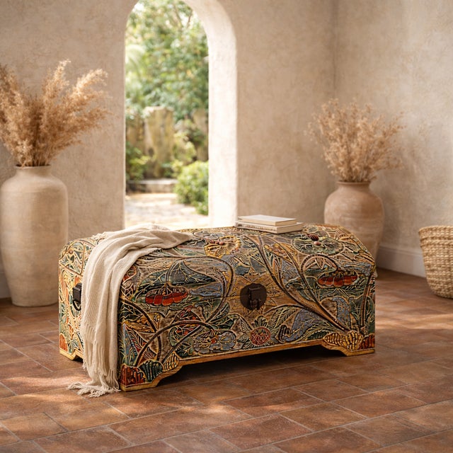 Teal Hand-Painted Botanical Folk Art Teak Wood Storage Trunk – One-of-a-Kind Decorative Blanket Chest For Sale - Image 8 of 8