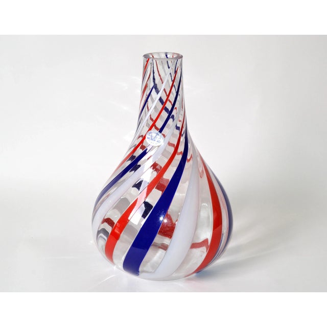 Marked Italian Blown Murano Decorative Vase Swirls of Red, White & Blue Color For Sale - Image 12 of 13