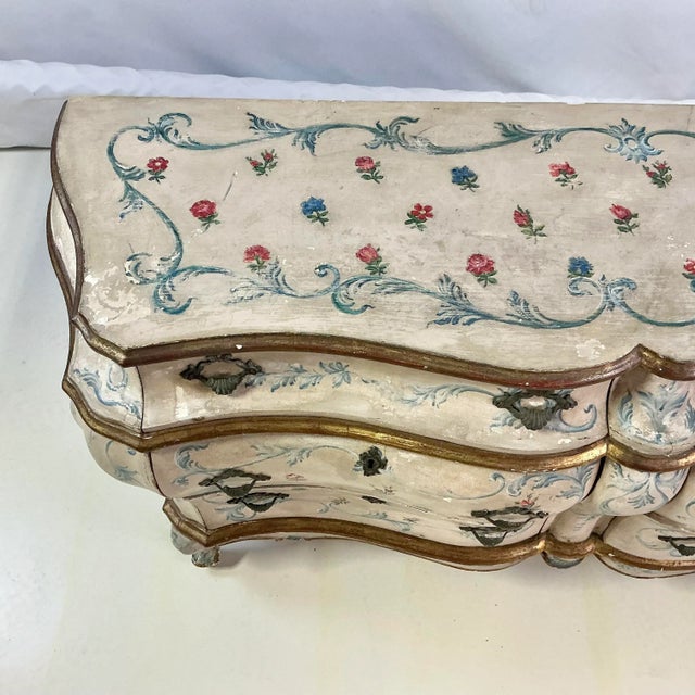 Wood 1800c Antique French Louis XV Hand-Painted Bombay Sideboard Commode Dresser, Flora & Acanthus Leaves For Sale - Image 7 of 18