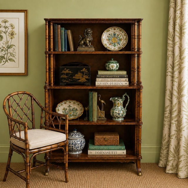 Wood 1970s Regency Revival Faux Bamboo Carved Walnut Bookcase For Sale - Image 7 of 7