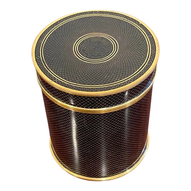Mid 20th Century Mid-Century Chinese Black & Gold Cloisonné 'Good Luck' Circular Table Box For Sale