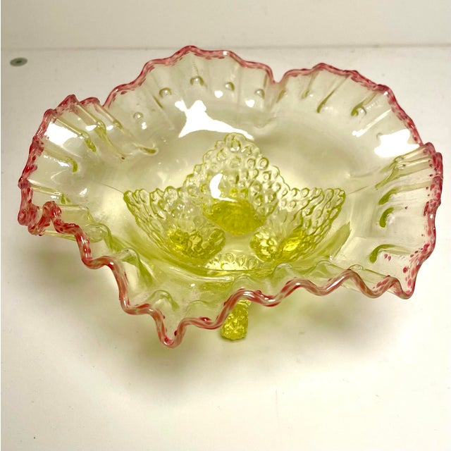 Art Nouveau Antique Jefferson Northwood Vaseline Glass Ruffle Bowl For Sale - Image 3 of 8