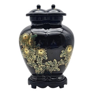 Rare Chinese Conjoined Ginger Jar With Stand 15.5" Black Gold Double Lidded For Sale