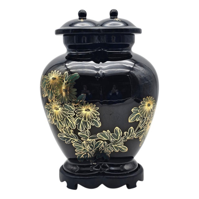 Rare Chinese Conjoined Ginger Jar With Stand 15.5" Black Gold Double Lidded For Sale