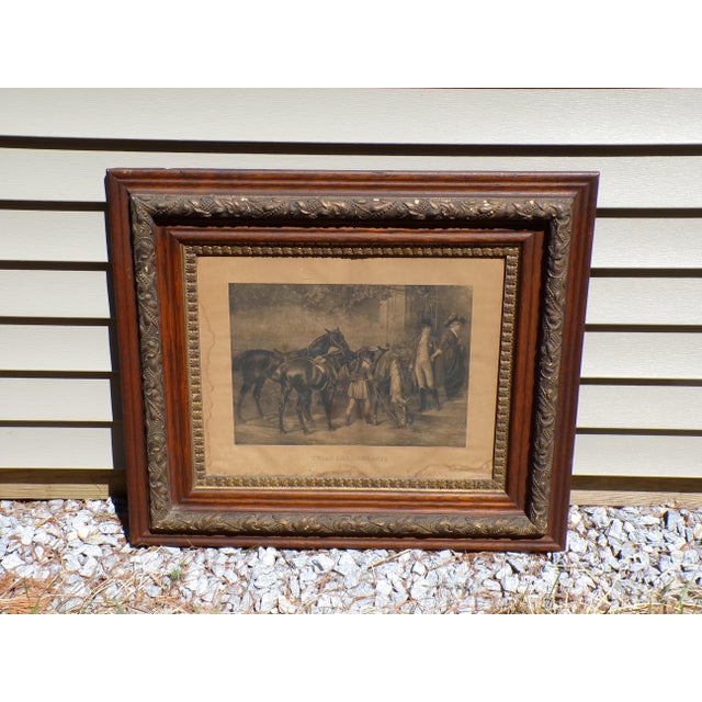 Antique Equestrian Horse Lithograph Print Oak Wood Gilt Gesso Double Frame For Sale - Image 4 of 13