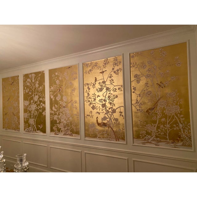 Chinoiserie Peony Mural Hand Painted Wallpaper on Gold Metallic - 6 Panels For Sale - Image 6 of 6