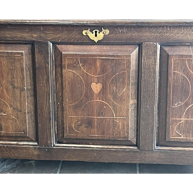 Coffee Antique French Oak Inlaid Blanket Trunk With Heart & Dove Motifs For Sale - Image 8 of 9