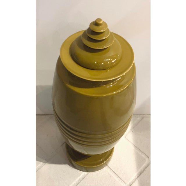 Stylish Modern Portuguese Olive Green Lided Jar, showroom floor sample