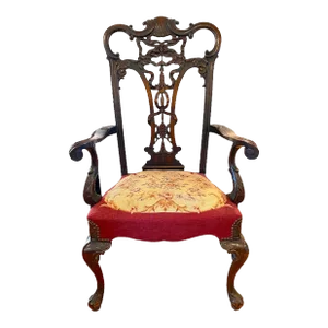 Antique Chippendale English Throne Chair Carved Ribbons & Flower Needlepoint Upholstered Arm Chair