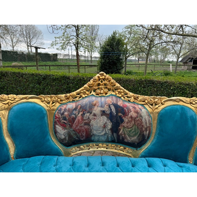 1900 - 1909 1900s French Louis XVI Blue Velvet / Green Beech Sofa Set 3pc For Sale - Image 5 of 16