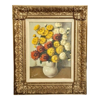 Mid 20th Century Ludwig Sohler Floral Painting in Ornate Gold Gilt Frame For Sale