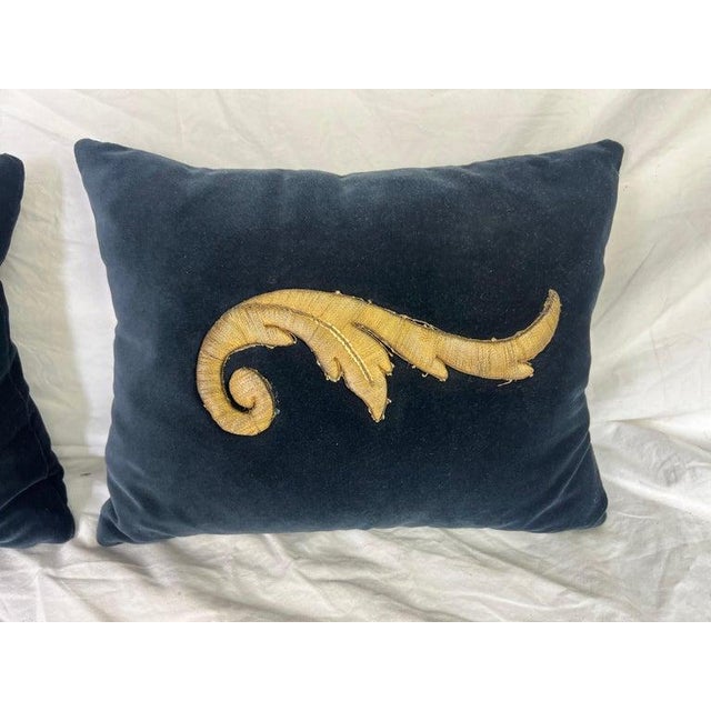 Pair of custom petite pillows made with 19th century Italian metallic appliques of swirling acanthus leaves on a navy...