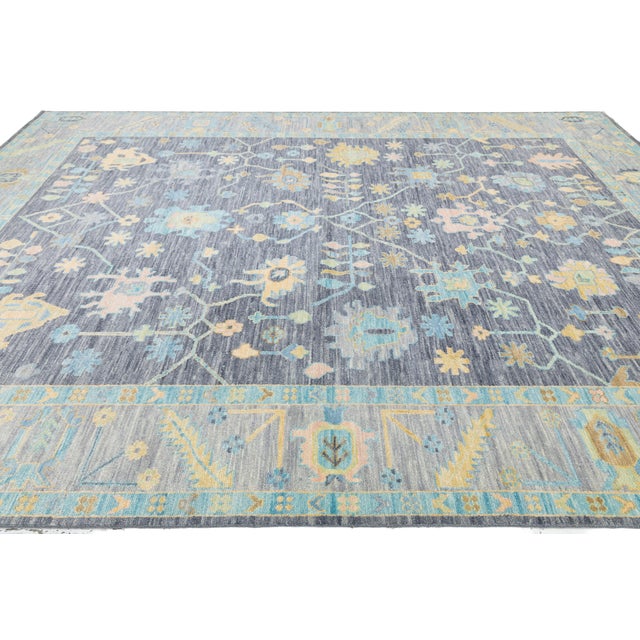Modern Oushak Style Hand-Knotted Wool Area Rug in Charcoal, Sky Blue & Pastel For Sale - Image 11 of 11