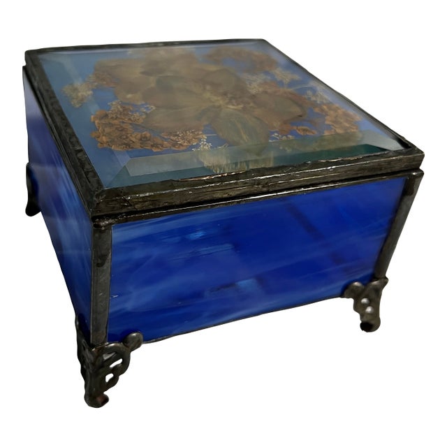 Handcrafted Blue Stained Glass Trinket Box For Sale