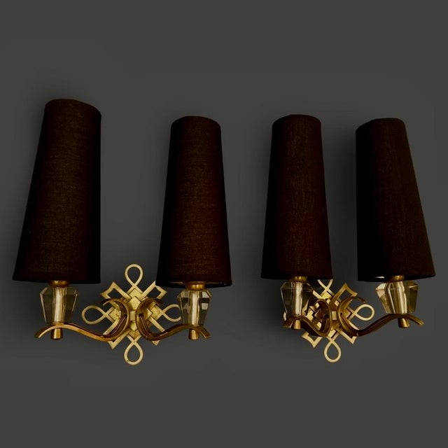 1950s Pair of 1950s Vintage Jules Leleu French Art Deco Brass Wall Sconces For Sale - Image 5 of 9
