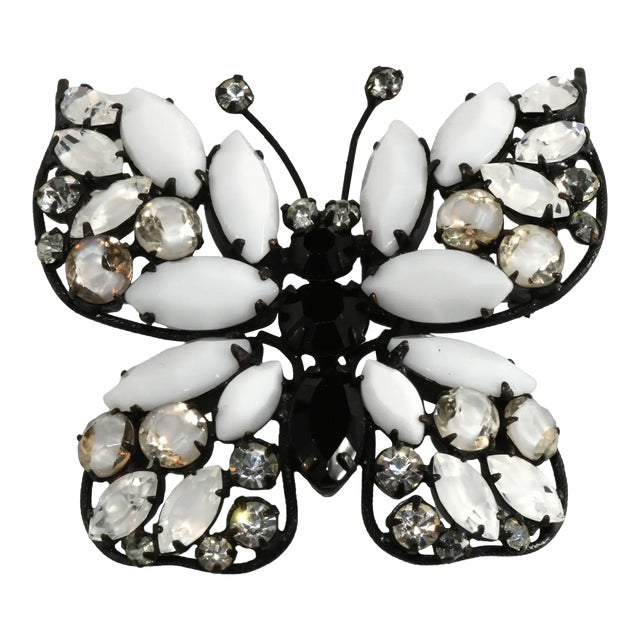 Vintage Regency Butterfly Brooch Black & White Rhinestones For Sale