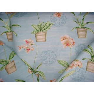 F Schumacher Windowsill Orchid in Blue Danube - Floral Vase Printed Linen Upholstery Fabric - 1-1/2 Yards For Sale