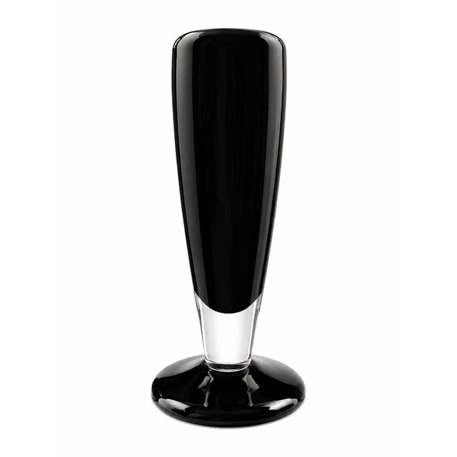 Sculptural vintage Mid-Century Modern art glass vase with a sleek elongated form and broad circular pedestal base. The...