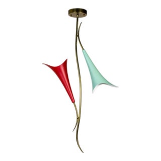 Mid Century 2-Light Pendant With Mint & Red Trumpet Flower Shades & Curved Stem For Sale