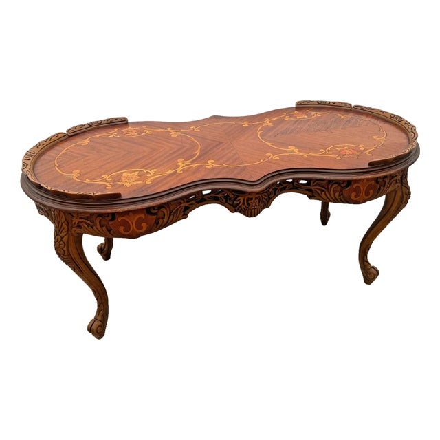 Vintage Oval Shaped Coffee Table Italian Marquetry Floral Inlay Parquetry For Sale