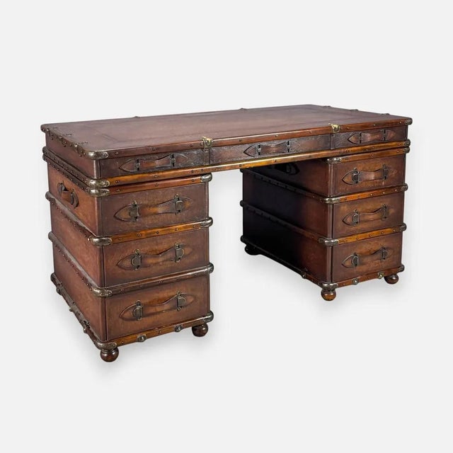 Campaign British Colonial Faux Luggage Campaign-Style Kneehole Desk For Sale - Image 3 of 8