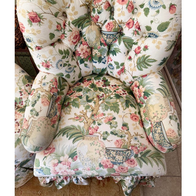 Vintage Hickory Chair Tufted Lounge Chair on Casters in Botanical Print For Sale - Image 16 of 17