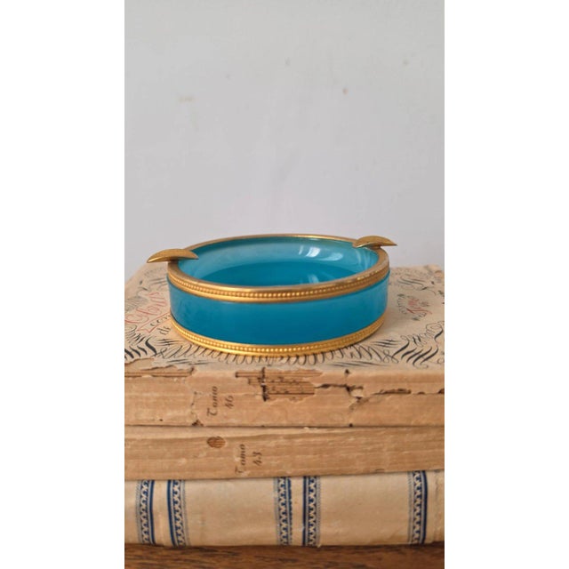 Vintage Murano Opaline Glass Ashtray Turquoise Blue Brass Rim Italian Mid Century Decorative Catchall Trinket Dish For Sale - Image 10 of 13