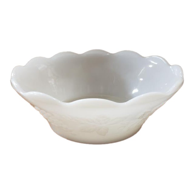 Vintage Milk Glass Punch Bowl Base With Scalloped Edge Colony Harvest Grape Pattern For Sale