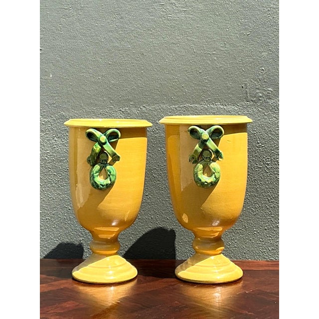Vintage Italian Pedestal Ceramic Vases With Bow Detail For Sale In West Palm - Image 6 of 12