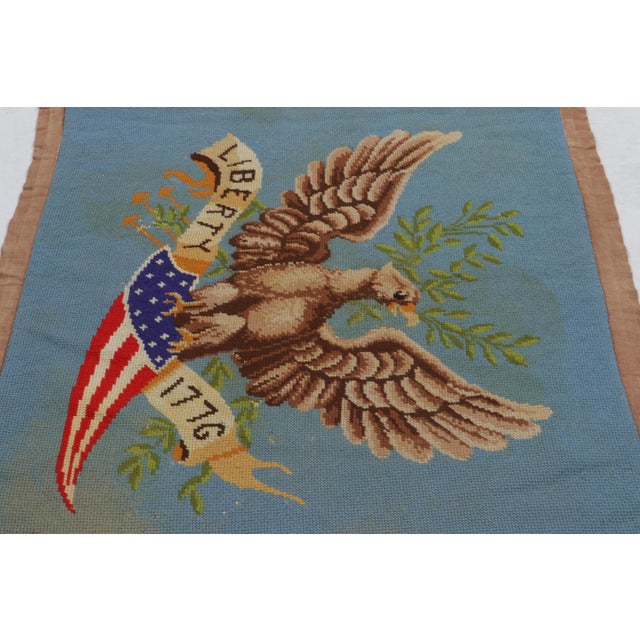 Folk Art 1960s Signed Vintage American Needlepoint and Blue Pictorial Rug For Sale - Image 3 of 8