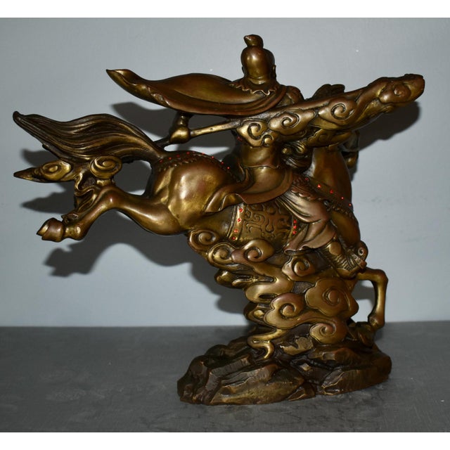 Vintage Solid Bronze Chinese Warrior Figure on Horse W/Jewels For Sale In Philadelphia - Image 6 of 12