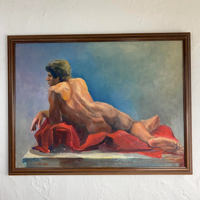 1984 Linda Kolar male nude oil on canvas painting titled "Brian". Kolar was an award wining contemporary local artist who...
