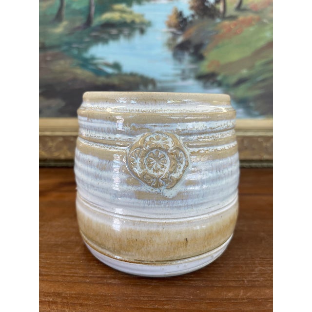 Ceramic 1970s Signed Studio Pottery Stoneware Vessel by Freeburg With Embossed Medallion For Sale - Image 7 of 9