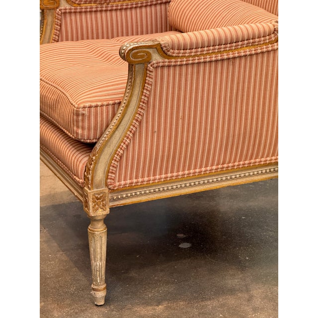 1950s Pair of Carved & Giltwood Bergeres With Striped Upholstery For Sale - Image 6 of 9