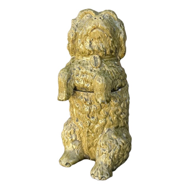 Antique Jérôme Massier Majolica Dog Tobacco Jar, French Figural Container For Sale