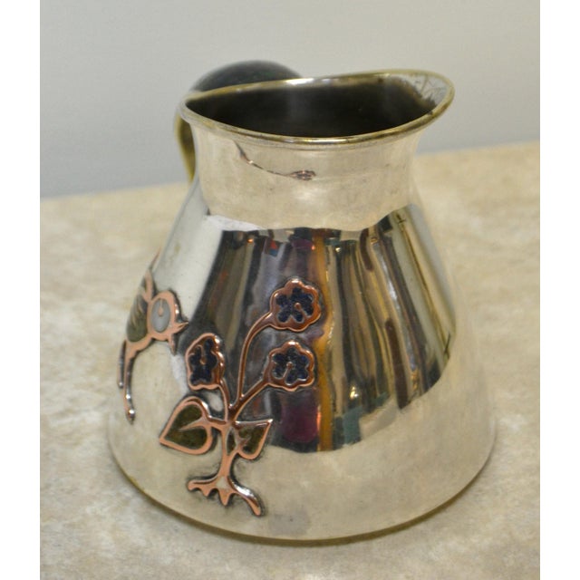 Silver 1960s Los Castillo Taxco Silver Plate Jug Pitcher With Stone Decor Bird Flowers For Sale - Image 8 of 12