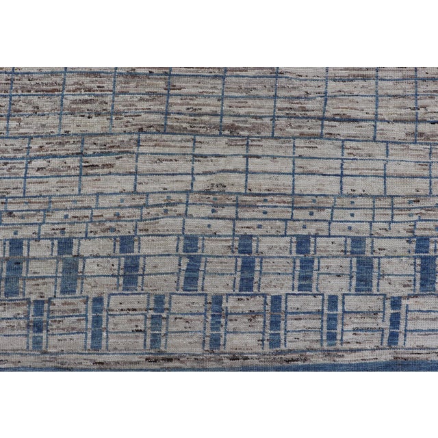 Modern Hand-Knotted Rug in Wool With Sub-Geometric Design in Blue and Cream 10'6 X 14'2 For Sale - Image 10 of 12