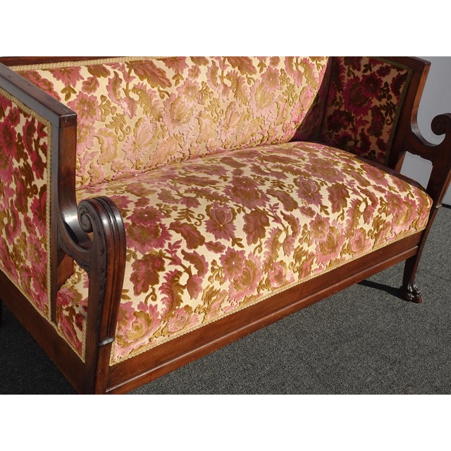 Wood Antique French Country Biedemeier Settee Sofa W Burgunday Floral Velvet For Sale - Image 7 of 14