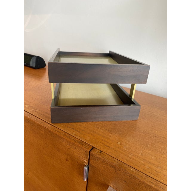 Brass Vintage MCM Duk-It 2 Two Tier Wood Desk Organizer Letter Tray For Sale - Image 8 of 18