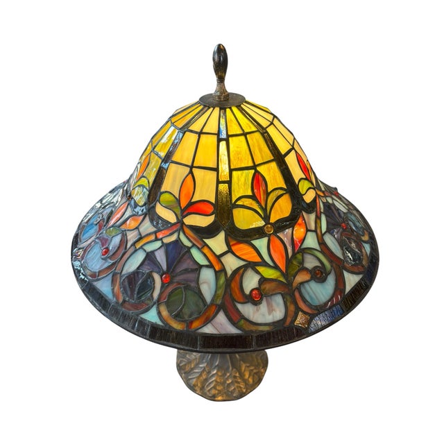 Late 20th Century Art Nouveau Style Stained Glass Table Lamp With Floral Shade & Cast Leaf Base For Sale - Image 4 of 7