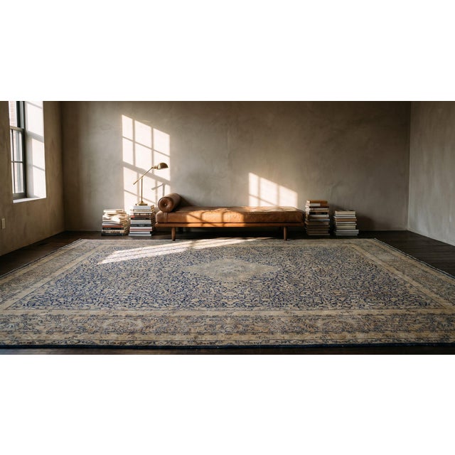 Traditional Floral-Medallion Design on Navy Background and Camel Border Color Antique Persian Kirman Rug For Sale - Image 10 of 10