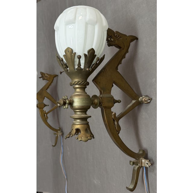 19th Century Art Deco Bronze Wall Sconces with Tulip Shades and Dragons, 1890s, Set of 2 For Sale - Image 5 of 11