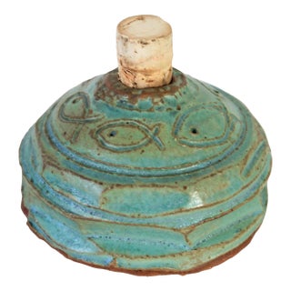 Vintage Signed Studio Art Pottery Fragrance Oil Bottle With Fish Motif For Sale