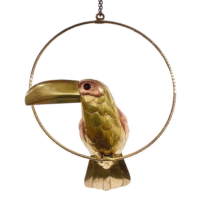 Cinco De Mayo - 1970s Vintage Mexican Folk Art Sergio Bustamante Attributed Brass-Copper Toucan Sculpture. For Sale
