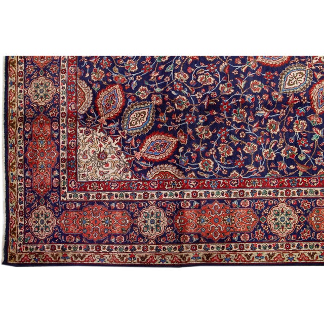 1960s Vintage Persian Tabriz Navy Blue Handmade All-Over Medallion Wool Rug For Sale - Image 4 of 7