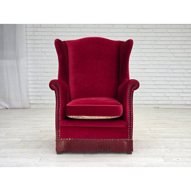 Danish Highback Armchair in Red Velour and Ash, 1970s For Sale - Image 18 of 18