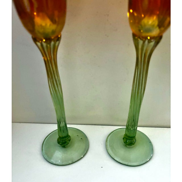 Late 20th Century Rick Strini Iridescent Orange & Green Art Glass Tulip Goblets, Pair For Sale - Image 4 of 7