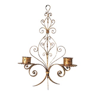 Large Vintage Italian Gilt Candle Sconce | Double Arm Wall Hanging Candle Holder For Sale