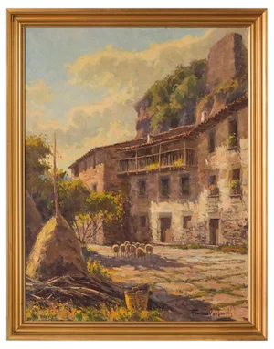 Francesc Carbonell Massabe, Farmyard with Sheep, 20th-Century, Oil on Canvas, Framed