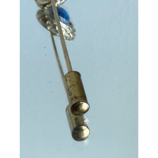 Victorian Vintage Mid Century Silver Tone Blue Faux Star Sapphire Cabochon Stick Pin For Sale - Image 3 of 15